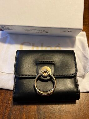 Chloé Black Leather Ring-Accent Wallet